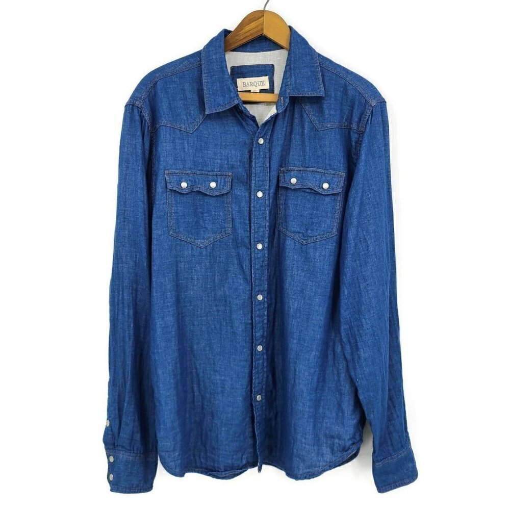 Barque Chambray Shirt Mens Large Pearl Snaps Western Blue